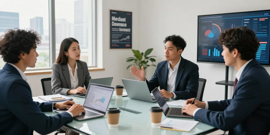Team collaboration discussing merchant cash advance strategies in a professional office.