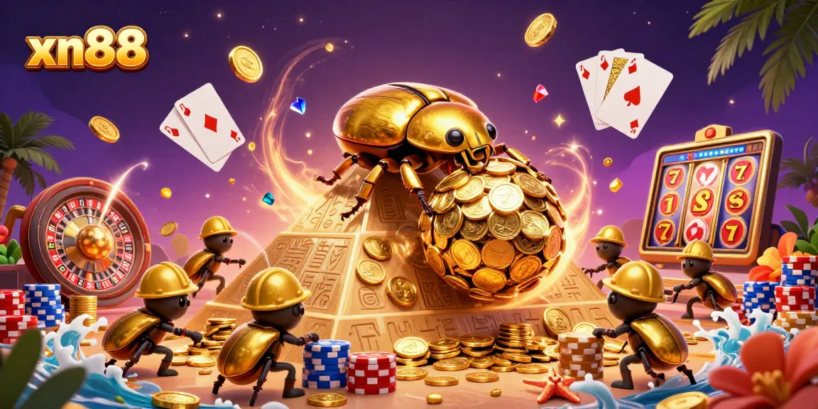 Engage with xn88's thrilling casino experience featuring golden beetles rolling coins.