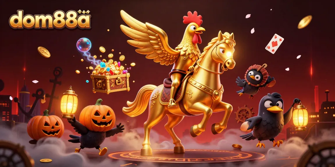Experience the thrill of dom88a with a vibrant casino scene featuring a golden rooster and sparkling treasure.