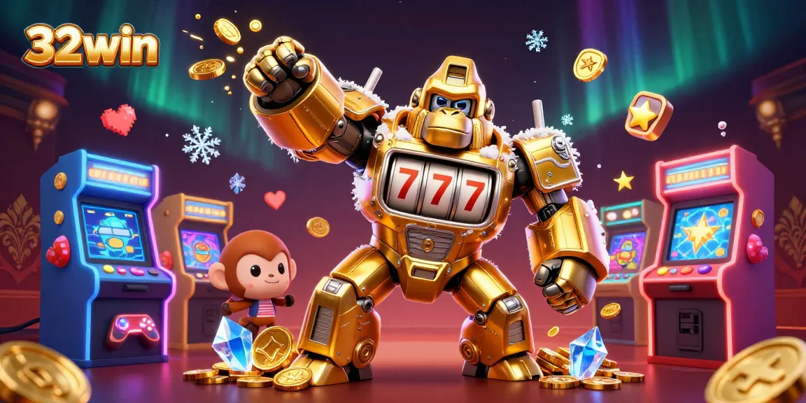 32win's dynamic casino energy, featuring a golden gorilla mech and vibrant arcade machines.