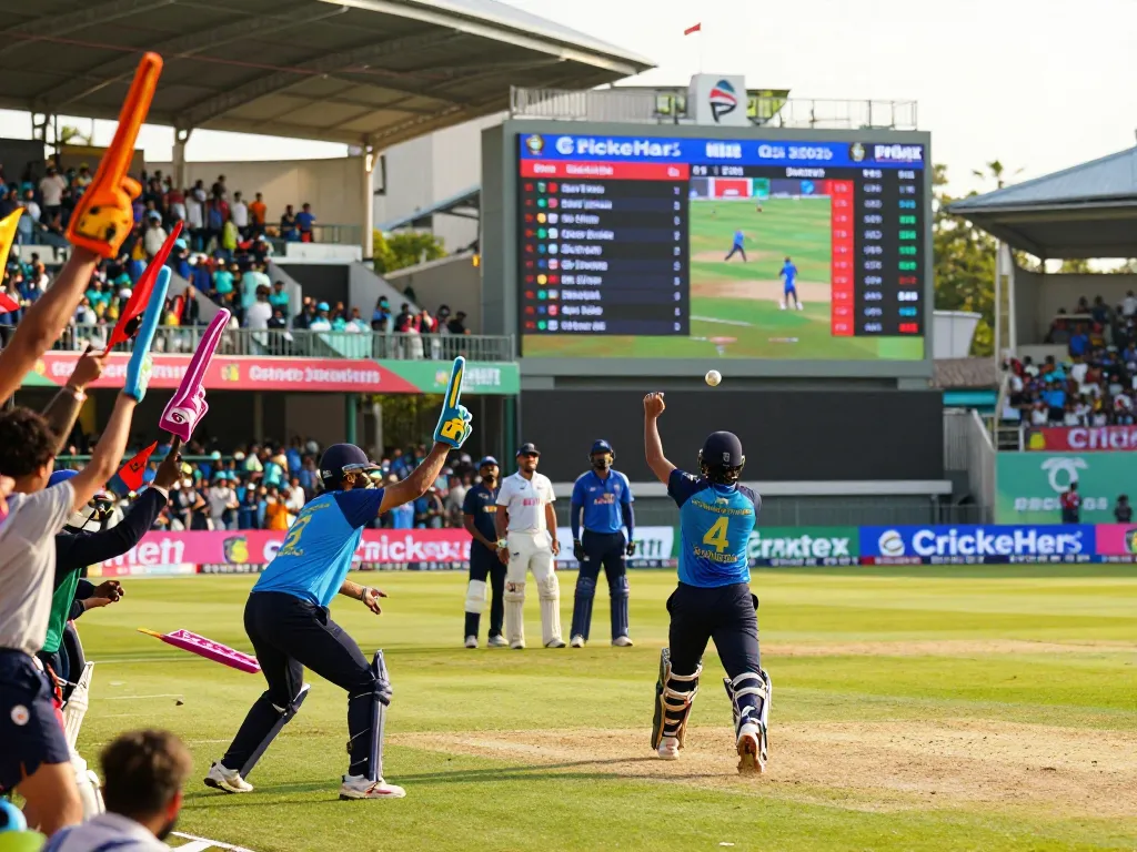 Engaging cricket exchange betting scene with live match action and enthusiastic fans cheering.