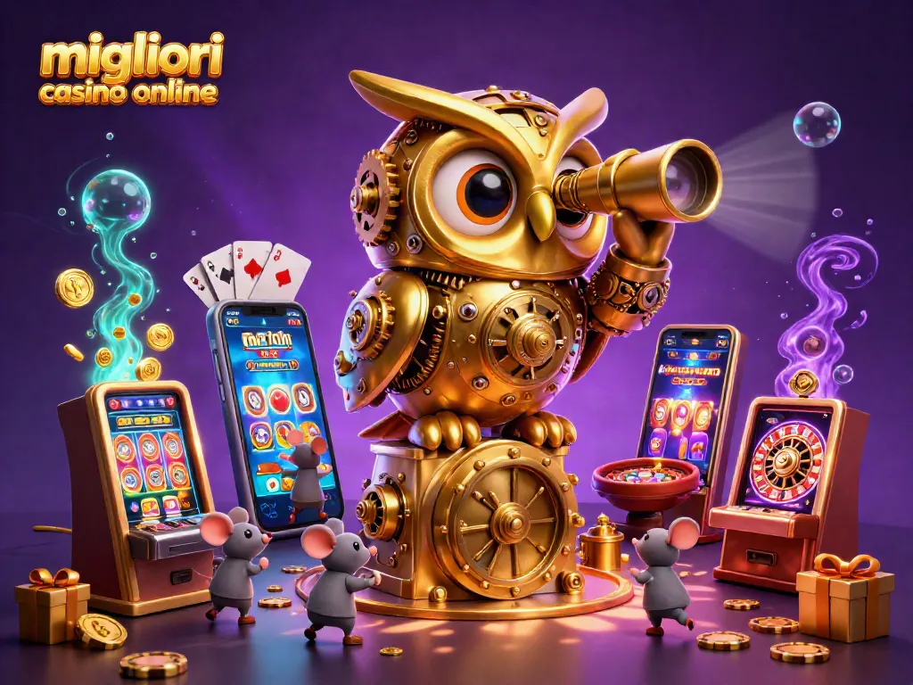 Esplora i migliori casino online con l'illustrativa scena di un gufo meccanico e topi tra slot machine.