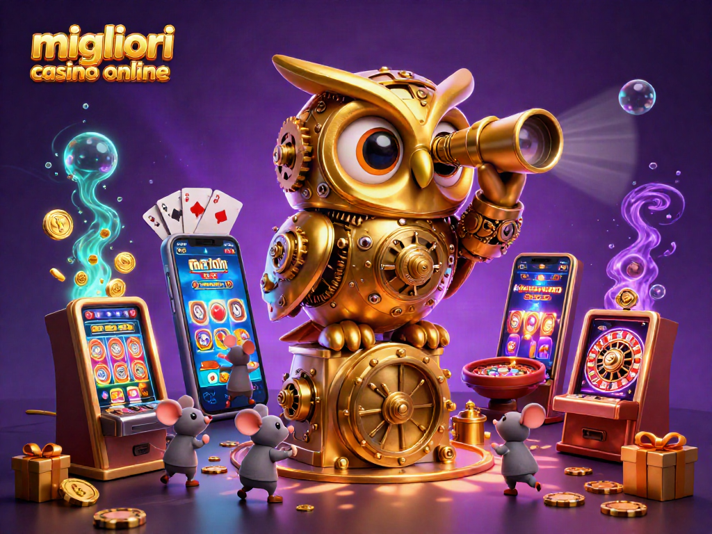 Esplora i migliori casino online con l'illustrativa scena di un gufo meccanico e topi tra slot machine.