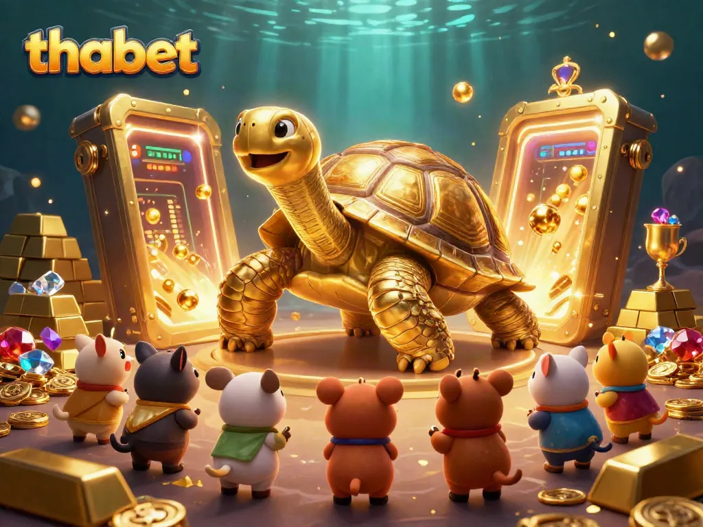 Engage with the thrilling world of thabet as a giant golden tortoise pinball machine entertains a crowd of eager animals.
