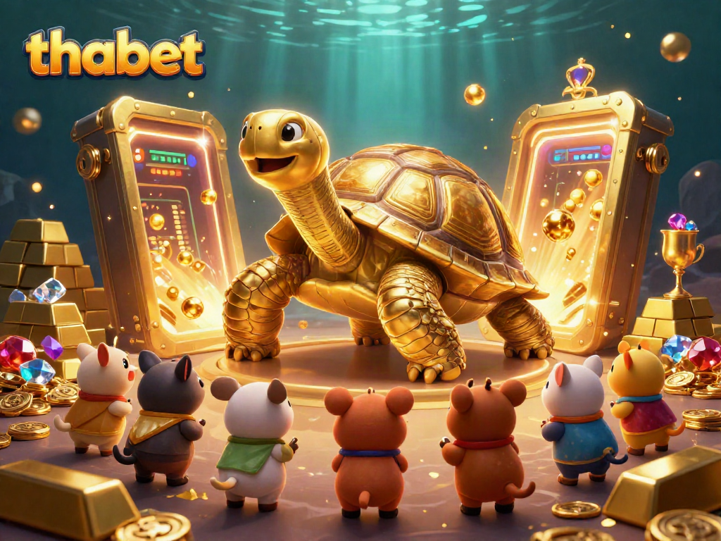 Engage with the thrilling world of thabet as a giant golden tortoise pinball machine entertains a crowd of eager animals.