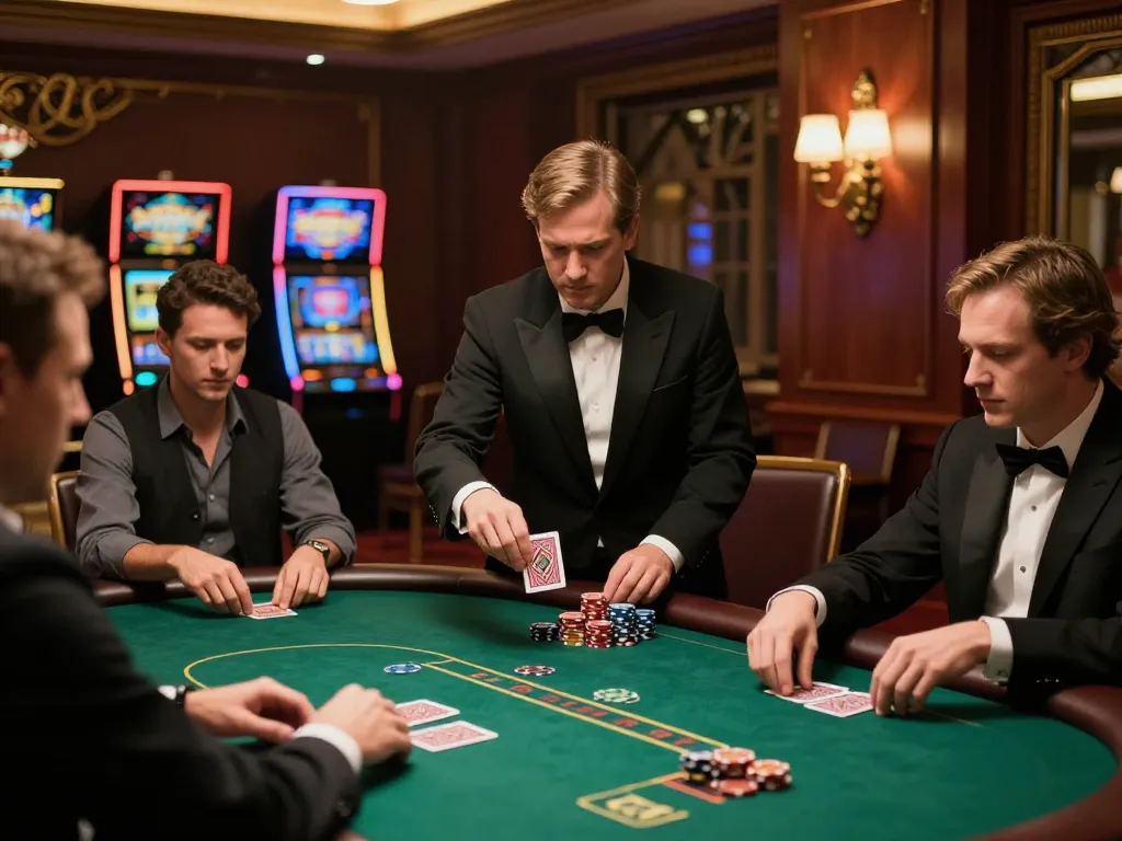 Players engage in live poker at a stylish casino table, featuring cashmyminutes themed decorations and vibrant ambiance.