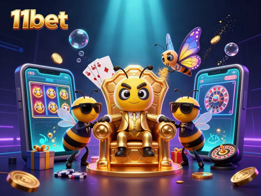 Spin reels and win big with 11bet's exciting casino games in a vibrant 3D illustration.