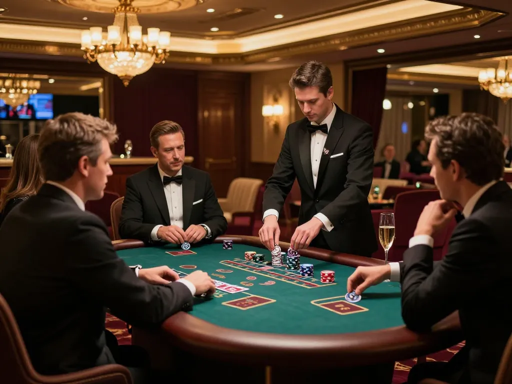 vegrecipeworld players strategizing a high-stakes blackjack game in a luxurious casino atmosphere