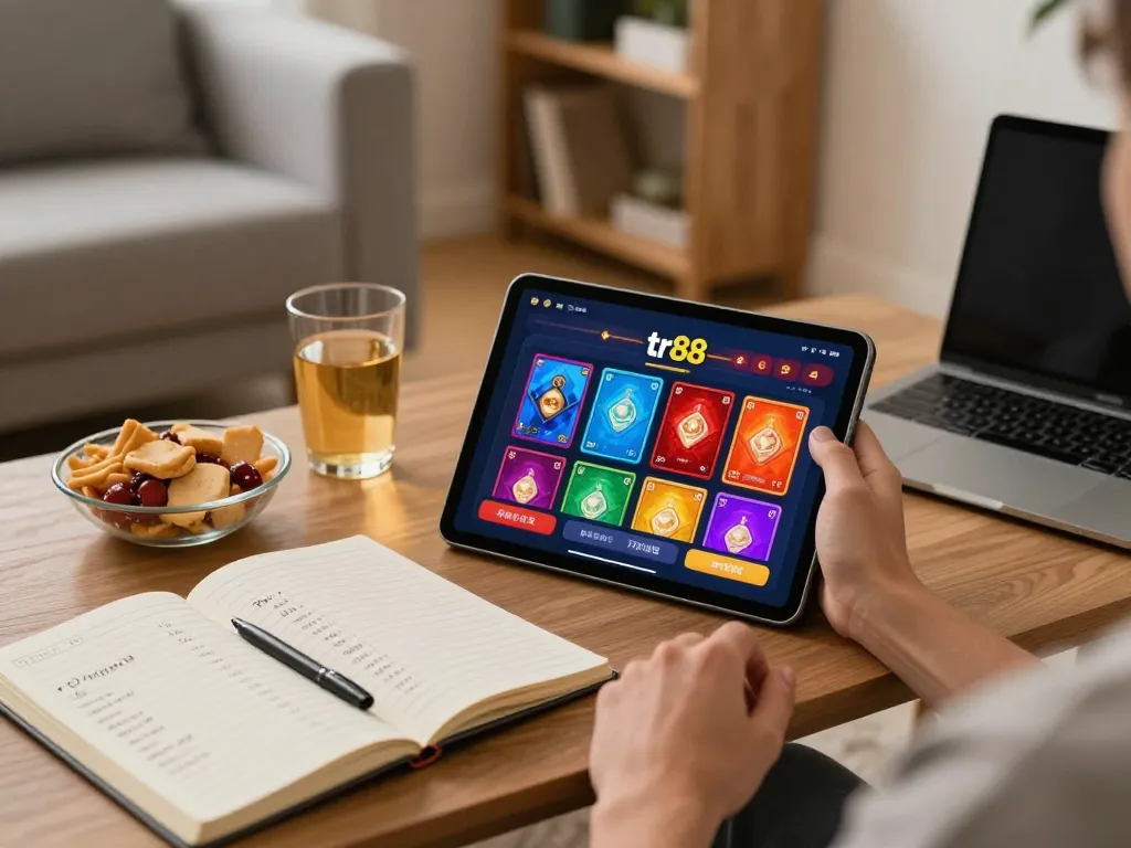 Player engaging in thrilling mobile casino gaming on tr88 app in cozy home setup