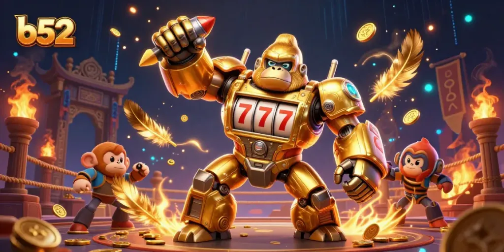 Engage with the thrilling b52 gaming world, featuring a mech gorilla and vibrant casino elements.