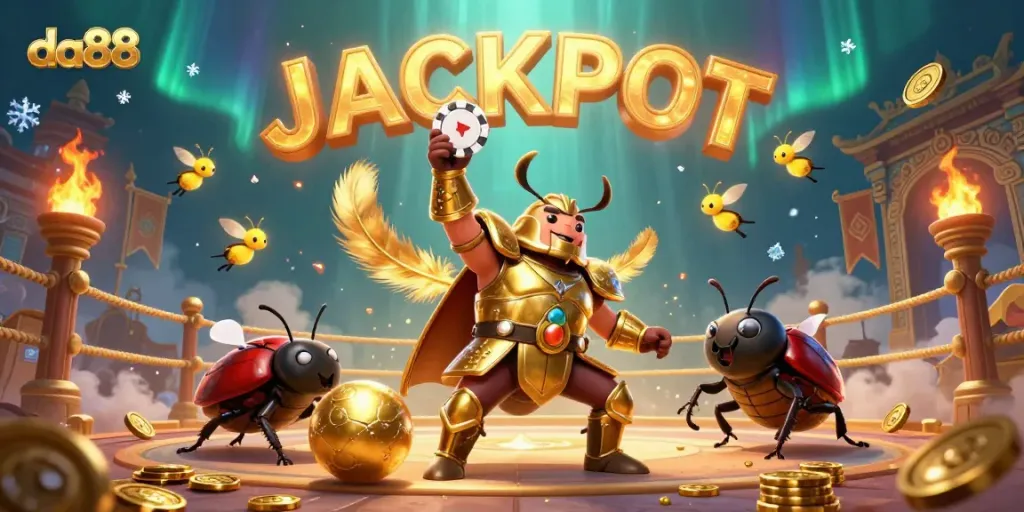 Engage with da88's thrilling jackpot scene featuring a victorious beetle and vibrant casino elements.