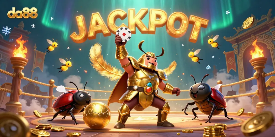 Engage with da88's thrilling jackpot scene featuring a victorious beetle and vibrant casino elements.