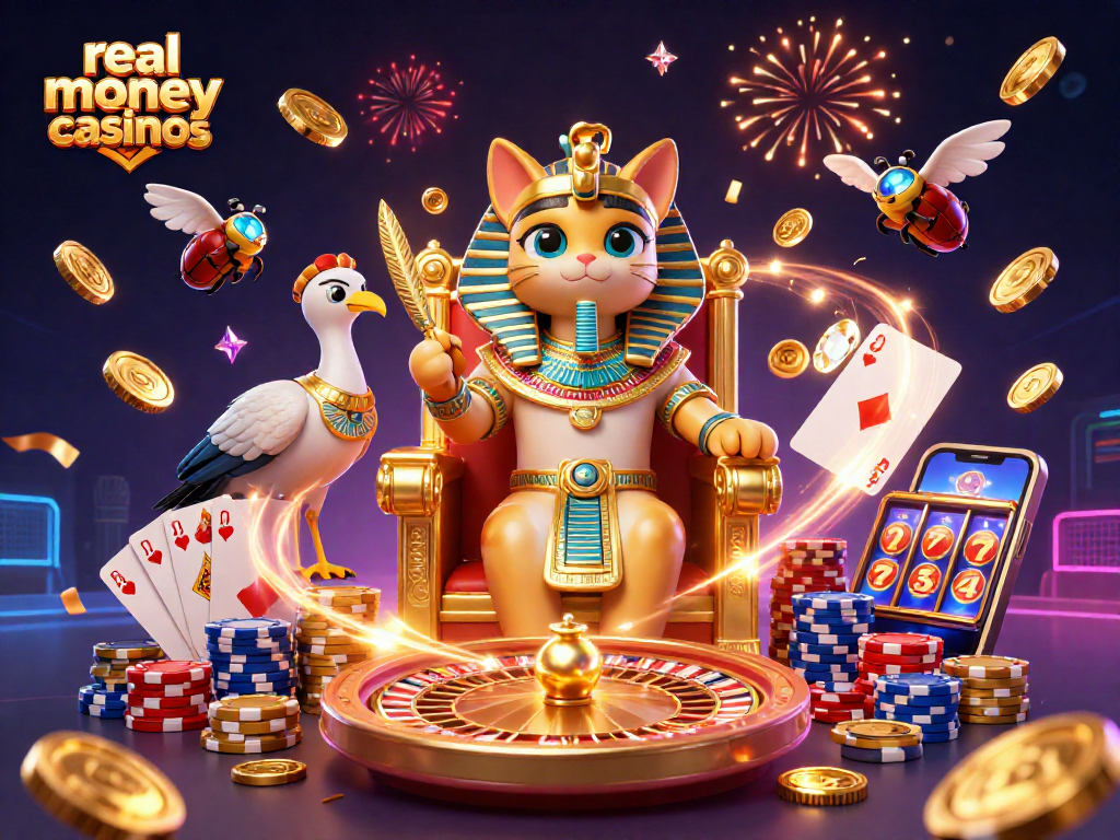 Experience exciting gameplay at real money casinos with animated 3D characters and vibrant casino elements.