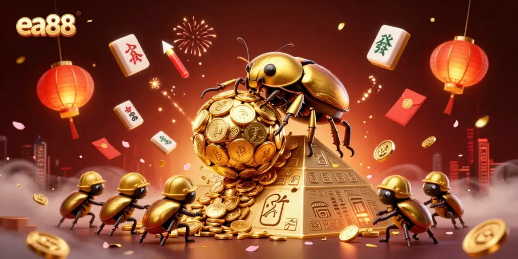ea88 showcases a vibrant 3D illustration of golden beetles involved in a dynamic casino scene filled with winning symbols and festive elements.