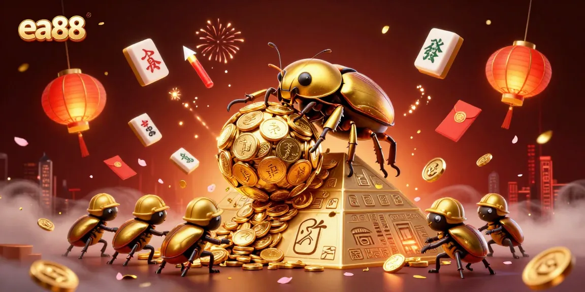 ea88 showcases a vibrant 3D illustration of golden beetles involved in a dynamic casino scene filled with winning symbols and festive elements.