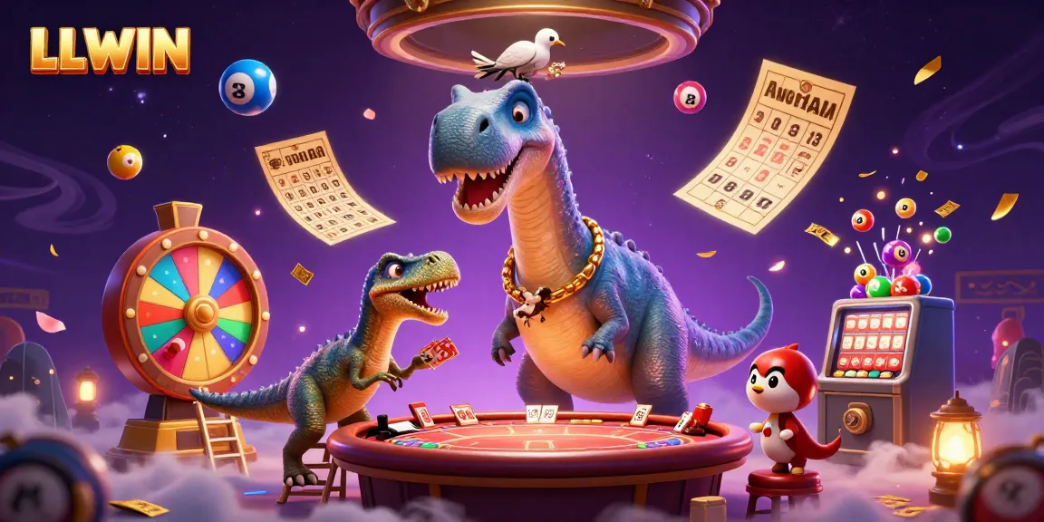 Experience the LLWIN adventure with a playful dinosaur dealing cards in a vibrant casino.