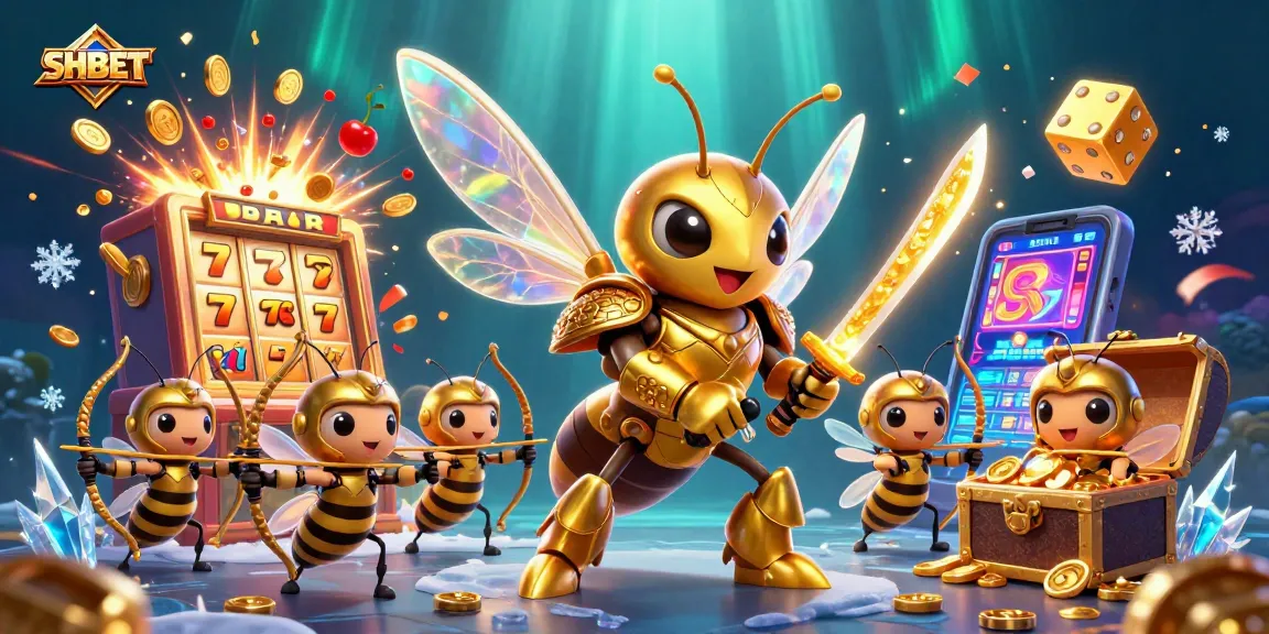 Experience SHBET with a vibrant 3D illustration of a golden hornet samurai amidst a casino explosion of excitement.