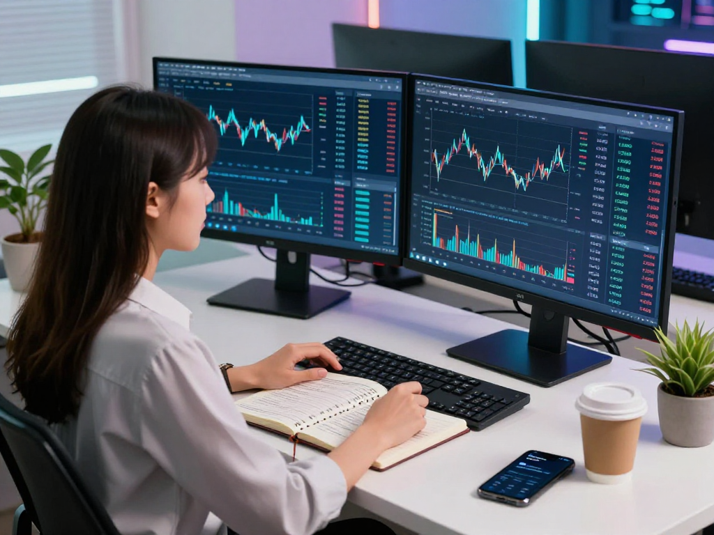 User analyzing KyberSwap interface in a dynamic cryptocurrency trading environment with multiple monitors and a notebook.