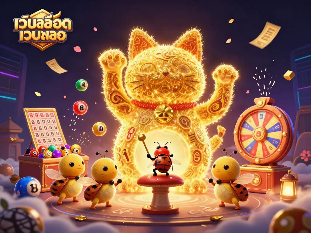 เล่นพนันกับเว็บสล็อตเว็บตรง โดยมีแมวโชคลาภและลูกบอลลอตเตอรี่รายล้อม