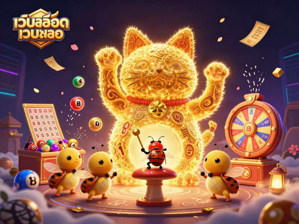 เล่นพนันกับเว็บสล็อตเว็บตรง โดยมีแมวโชคลาภและลูกบอลลอตเตอรี่รายล้อม