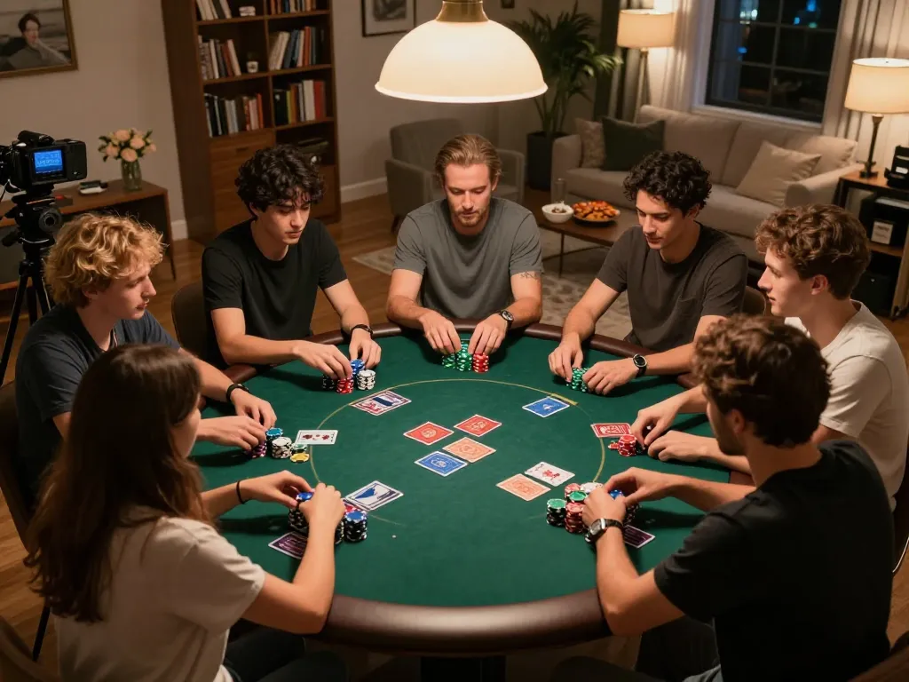 Friends strategizing at a thrilling poker game night featuring fishersupermarket treats and intense competition.