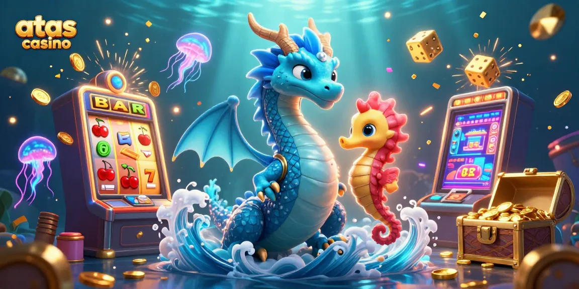 Experience the excitement of atas casino with a vibrant 3D illustration featuring a dragon, seahorse, and jackpot elements.