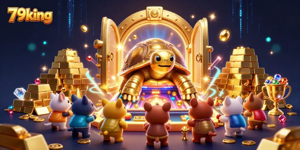 Experience the excitement of 79king with a lively 3D illustration showcasing golden treasures and a colossal tortoise pinball machine.