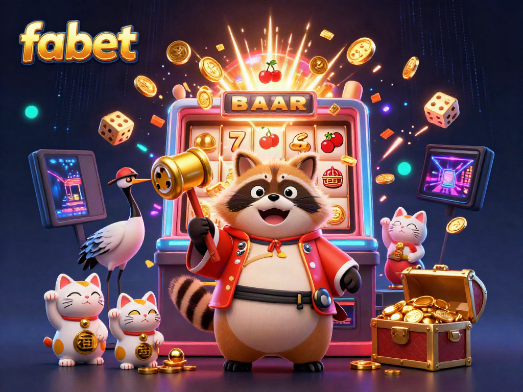 Immerse in the vibrant world of fabet with tanuki and friends celebrating jackpots in a colorful casino scene.