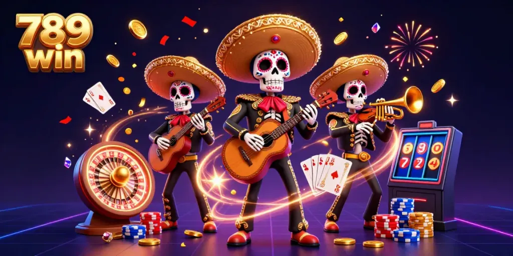 Experience the thrill of 789 win with this vibrant Dia de los Muertos mariachi casino scene.