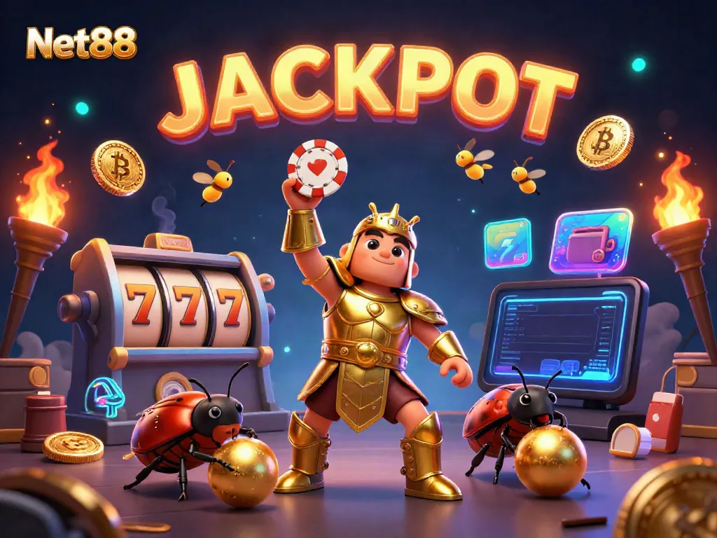 Experience the thrill of Net88 with a hercules beetle celebrating a jackpot win surrounded by vibrant casino elements.