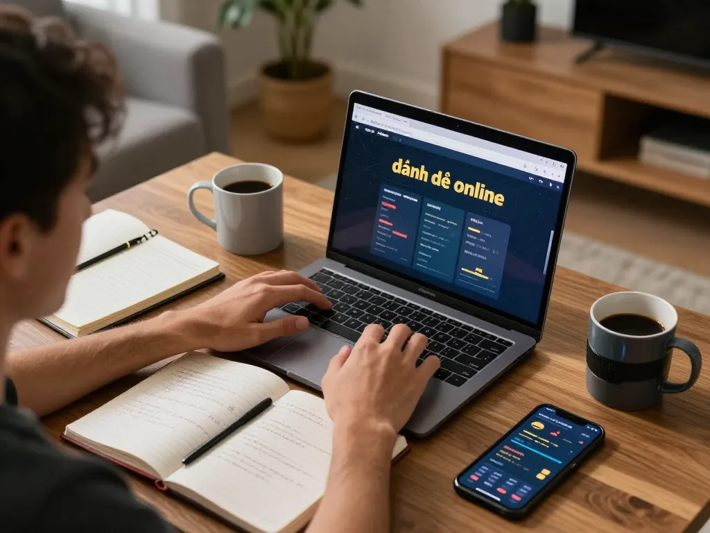 Engaging in đánh đề online strategies at a home setup with laptop and notes.