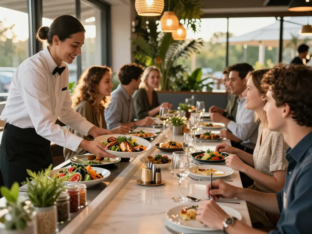 POKERSERI restaurant scene featuring guests enjoying delicious meals and friendly service.