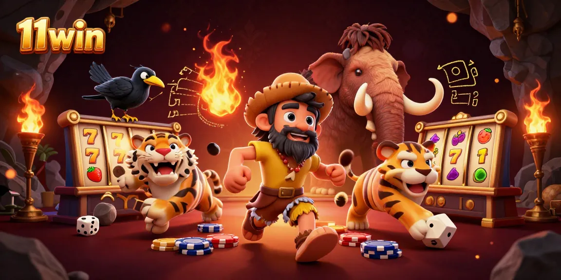 Experience thrilling slot adventures at 11win with a dynamic illustration featuring cartoon cavemen and exciting gaming elements.