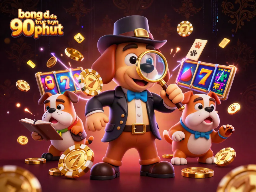 Bong da truc tuyen 90phut gaming scene with cartoon detective uncovering poker clues amidst vibrant casino elements.