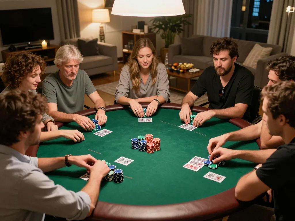 Engaged players reviewing keluaran hk results during an intense poker night at home.
