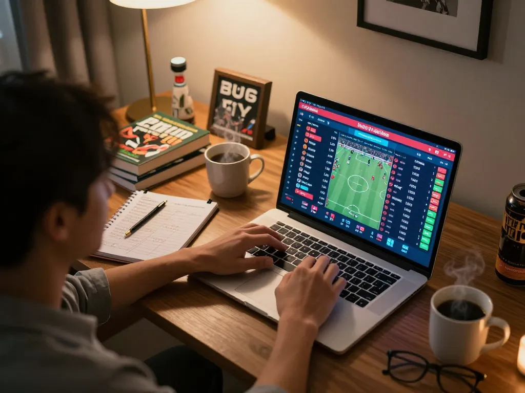 Analyzing tỷ lệ kèo nhà cái on a laptop at home, showcasing dynamic sports betting interface and strategy notes