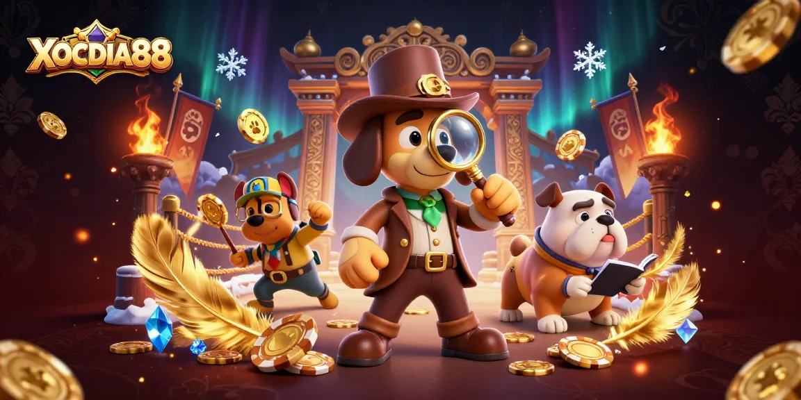 Engage in thrilling gameplay with XOCDIA88 as a detective uncovers golden poker chip clues surrounded by lively casino elements.
