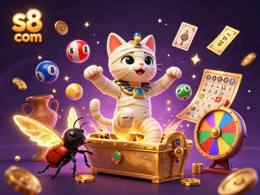 Experience exciting wins with s8 com as an Egyptian mummy cat and companions burst forth in a vibrant casino.
