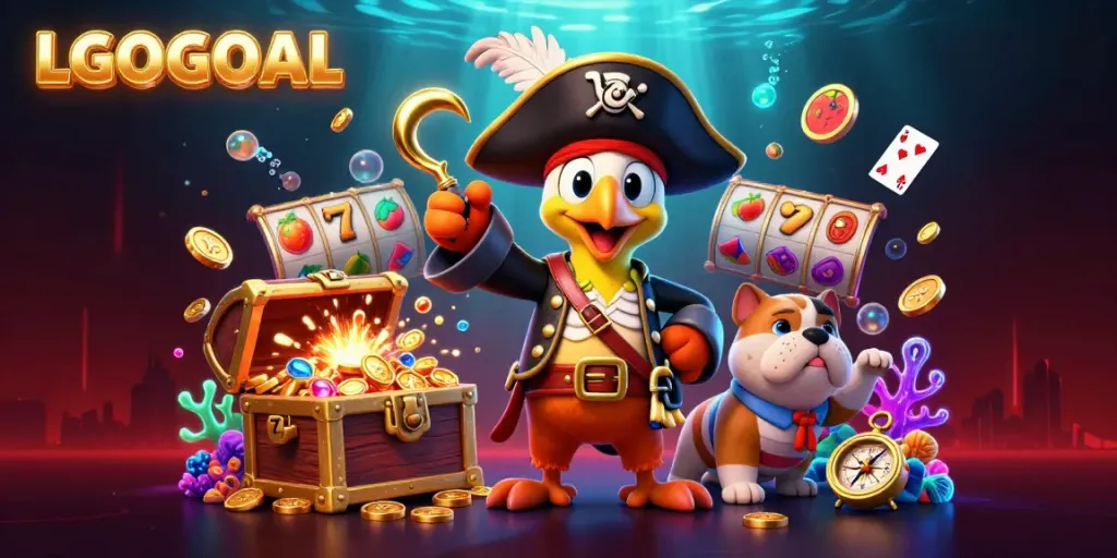 Engage with LGOGOAL's vibrant 3D casino pirate adventure featuring slot reels and dynamic gameplay elements.