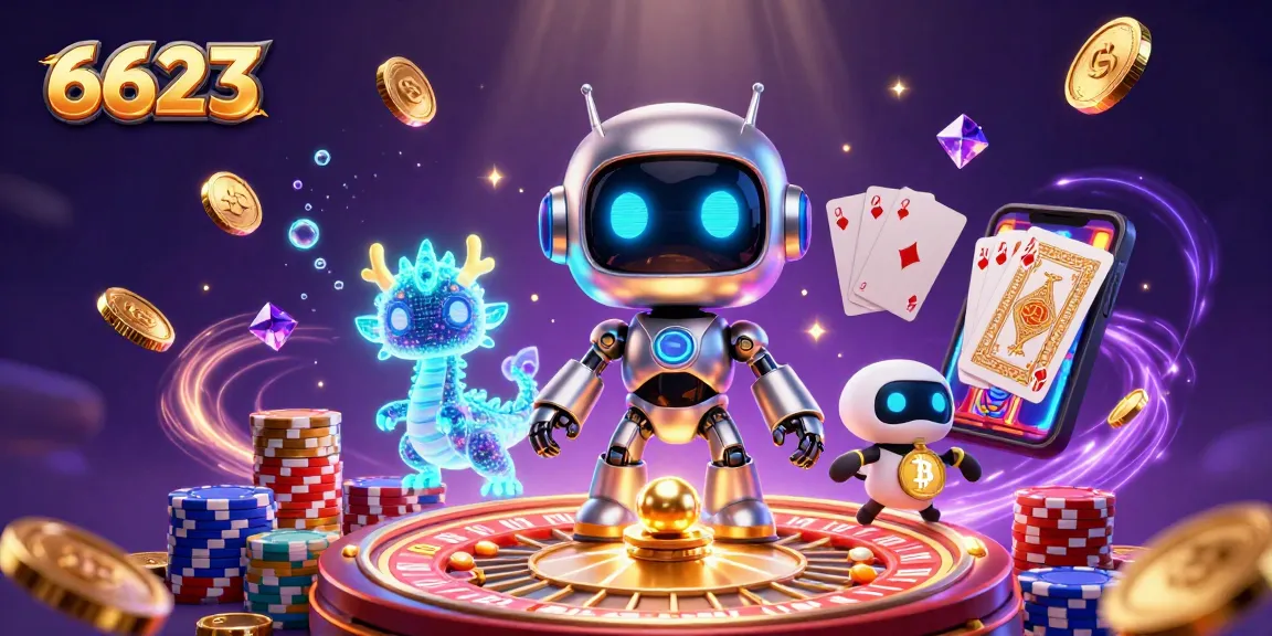 Experience thrilling gameplay at 6623 Casino with neon-lit robots and flying coins.