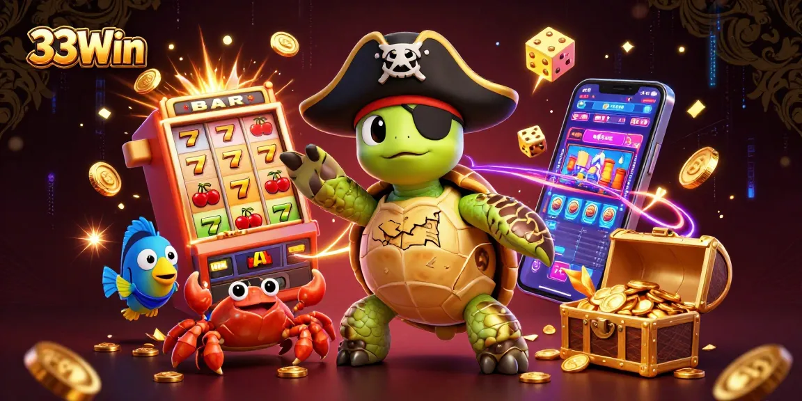 Experience 33Win's vibrant cartoon gambling scene with a pirate turtle and a slot machine jackpot.