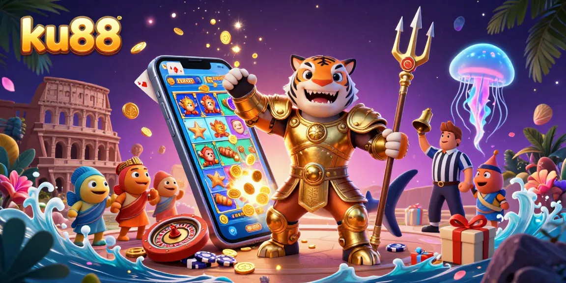 Engage with ku88's vibrant underwater casino adventure featuring a tanked gladiator shark.