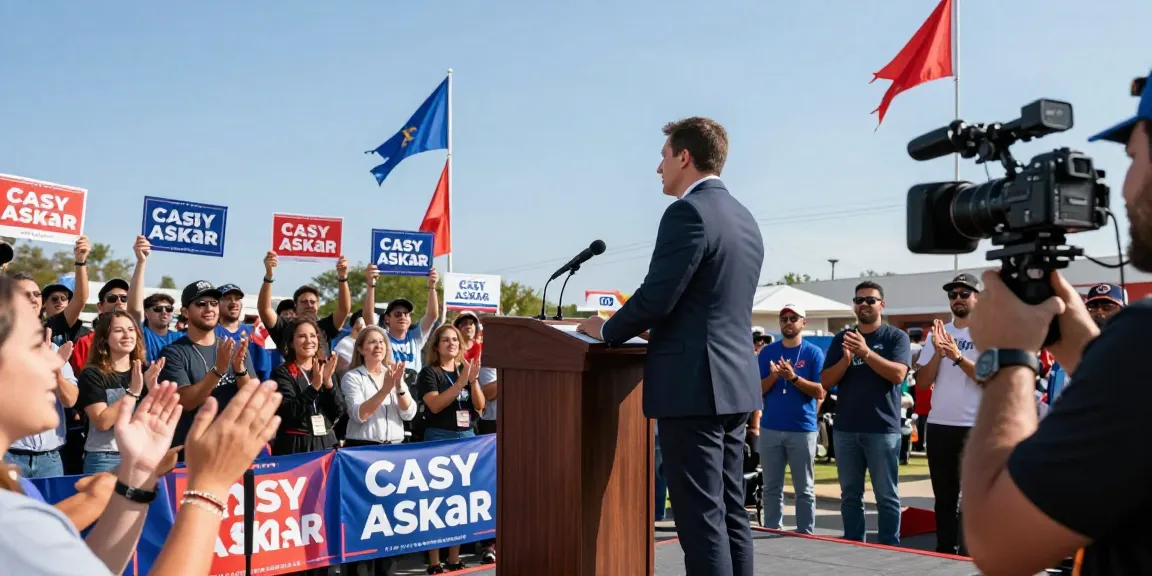 Casey Askar speaking at a political rally with enthusiastic supporters.