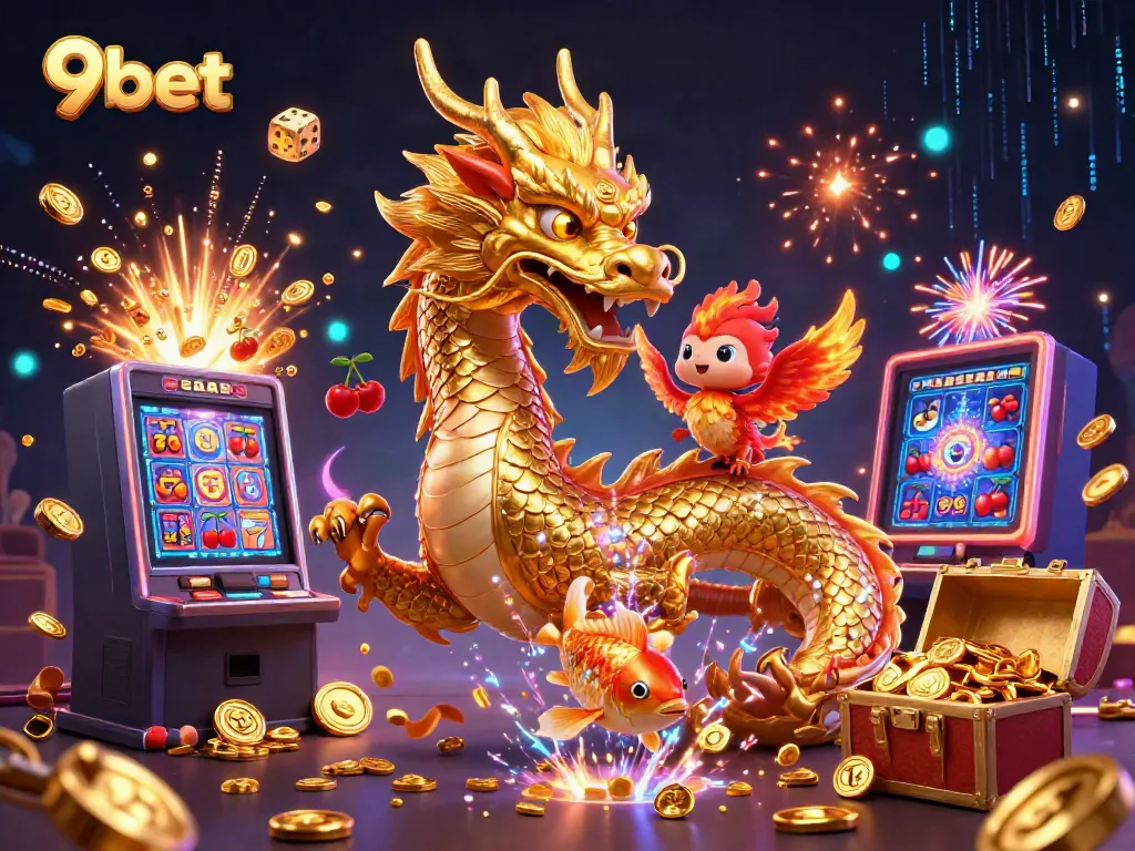 Experience the thrill of 9bet with a golden dragon, phoenix, and koi fish amidst casino excitement.