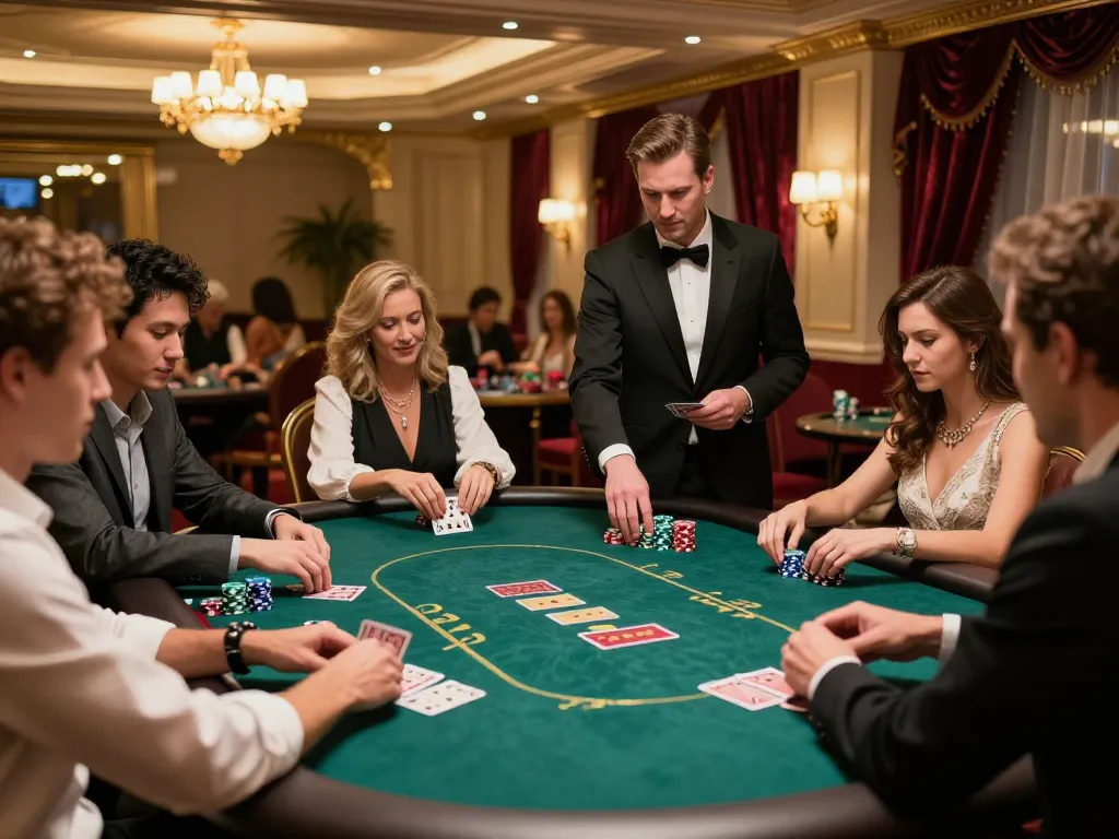 Players engaging at a poker table, showcasing strategic moments of betting on fabet in a luxurious casino.