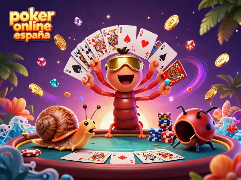 Disfruta del poker online España con una colorida ilustración de personajes y mesas de juego.