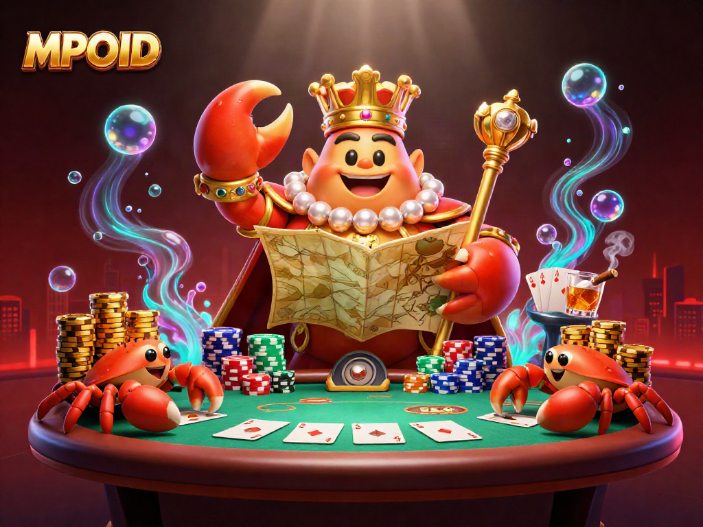 Play MPOID with engaging golden crab emperor and poker elements in an immersive casino scene.
