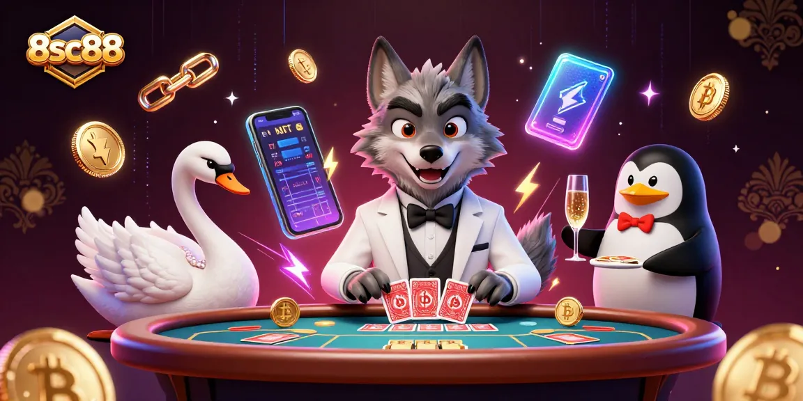 Experience high-stakes gaming at 8sc88 with a lively 3D illustration of a gambling scene featuring characters and crypto elements.