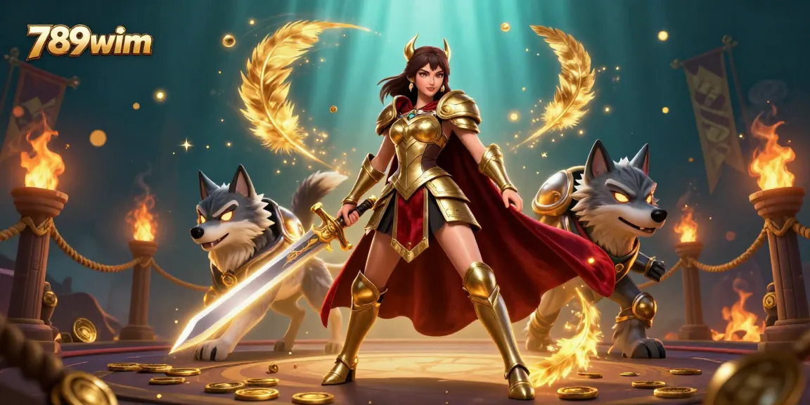 Engage in thrilling casino action with 789wim, featuring a warrior queen and glowing wolf.