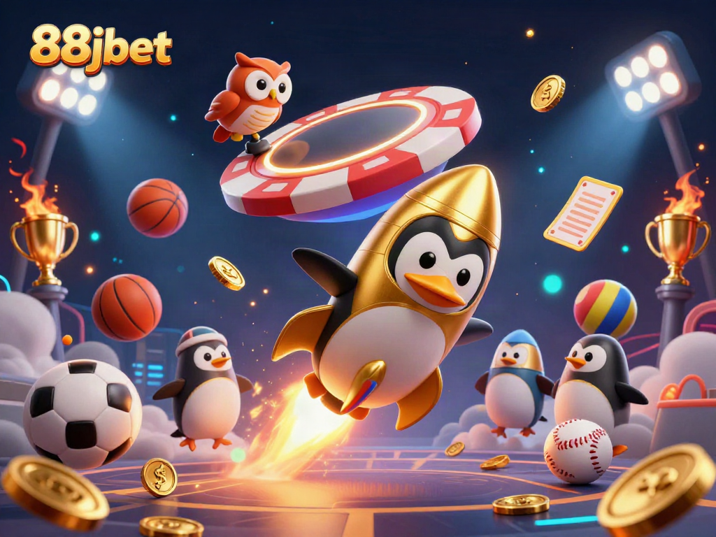 Engage with thrilling 88jbet scenes featuring a rocket-powered penguin and casino-themed elements.